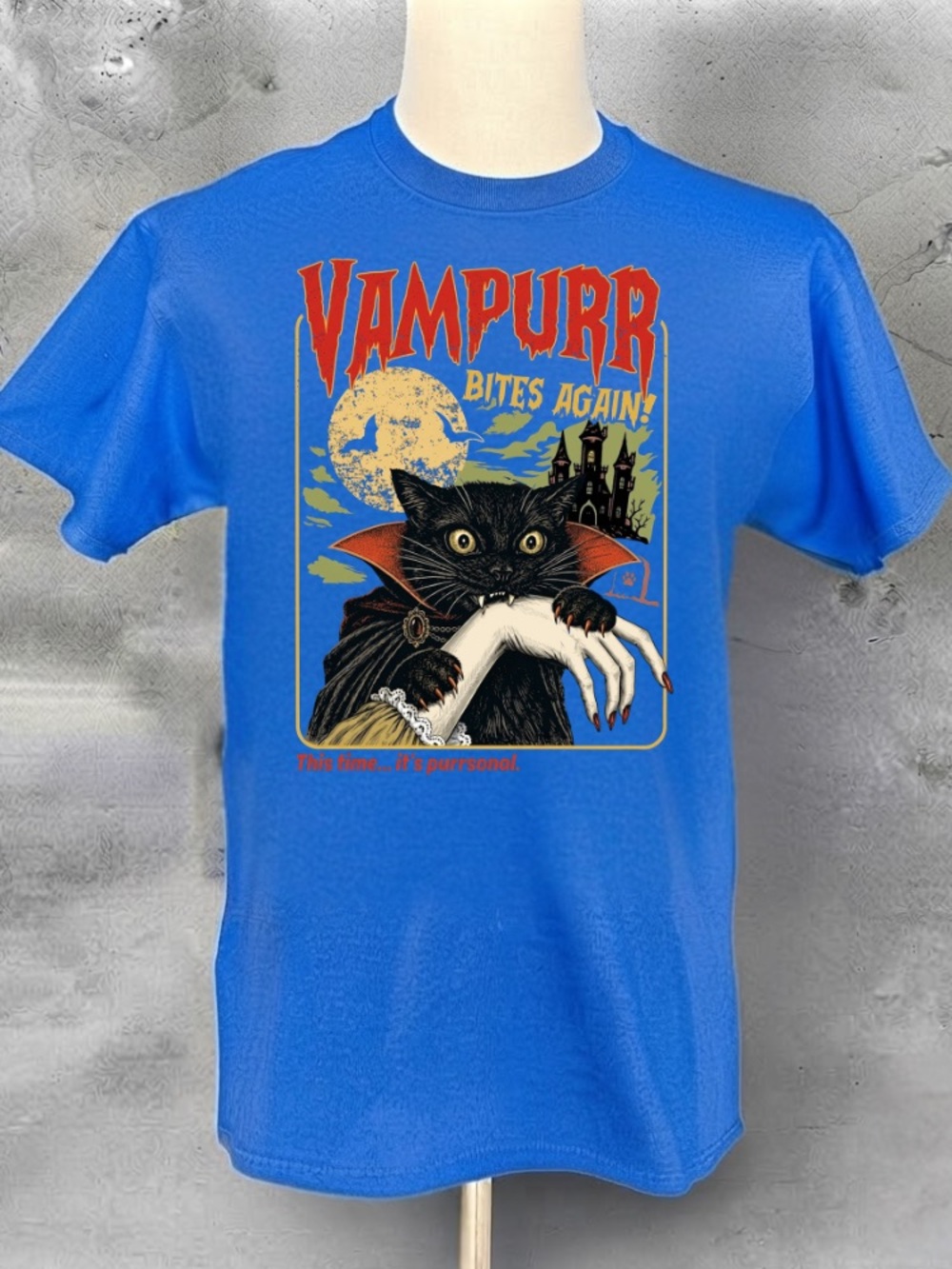 Vampurr Bites Again Cat Vampire Cape Moon Castle Vintage Blue T-Shirt